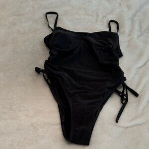 Dark Charcoal Gray/Black One Piece Swimsuit Side Ruching High Leg NWOT Size L